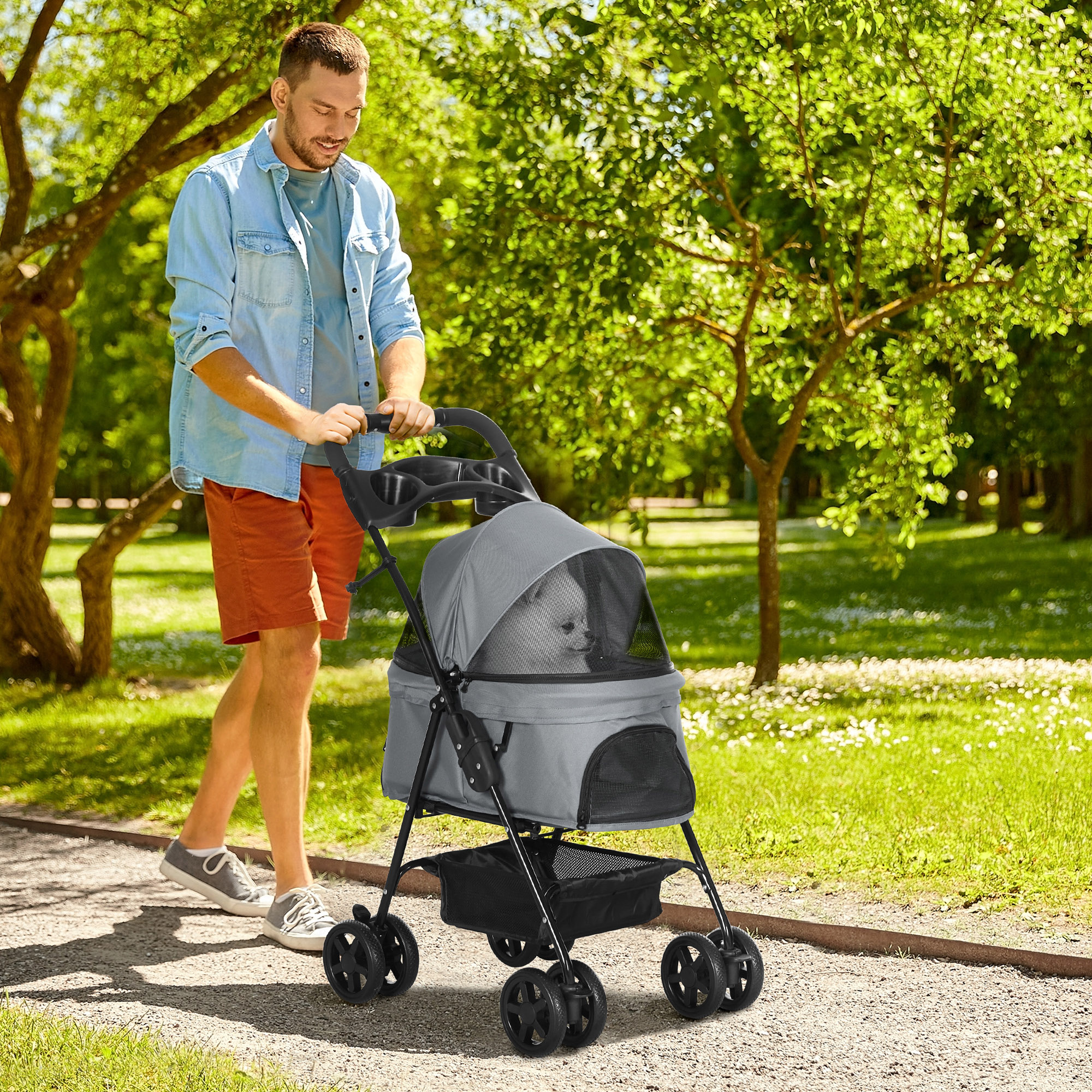 PawHut Dog Pram Dog Stroller Foldable Pet Pushchair With 4 Wheels, Safety Leashes, Cup Holder For Small Dogs, Grey photo 3