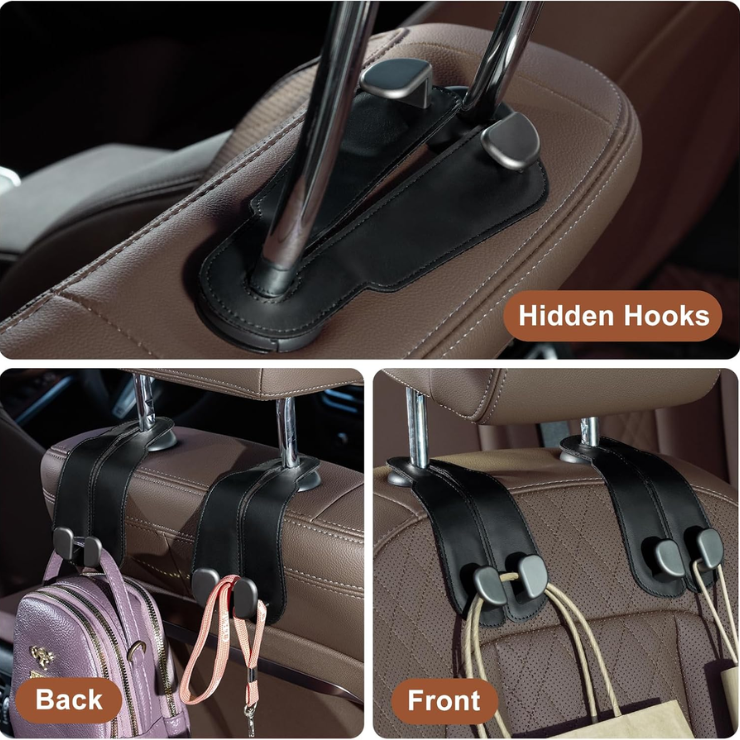 CoBak Purse Hook For Car Universal Premium Stitched Leather And Aluminum-Magnesium Alloy Double Car Seat Back Storage Hook For Purses, Handbags, Bags 2 Pack Black photo 4