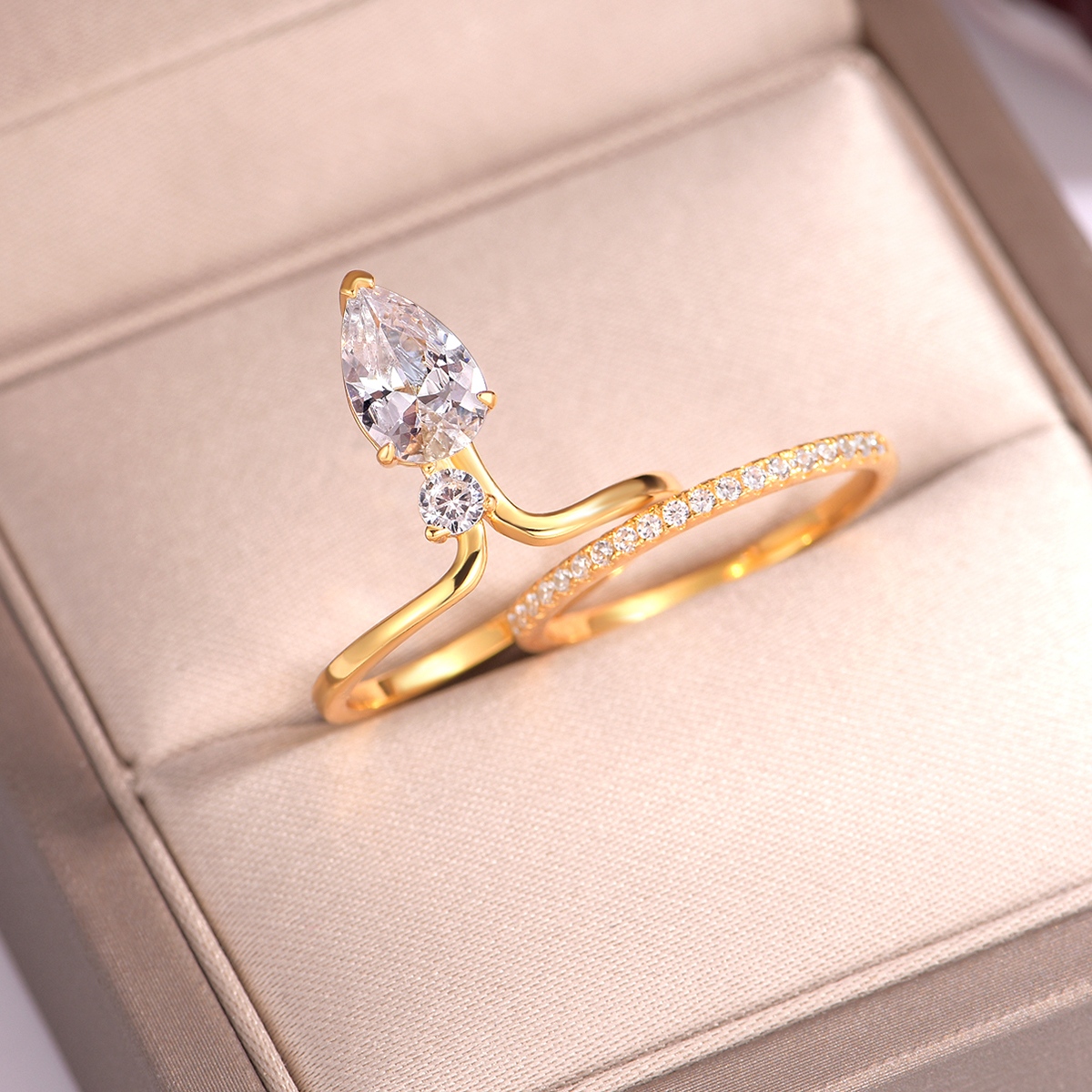 S925 Silver Gold Plated 6x9mm Pear Moissanite Bridal Ring Set D Color VVS1 Wave Pave Band US 6-9 GRA Certified Gift Box photo 2