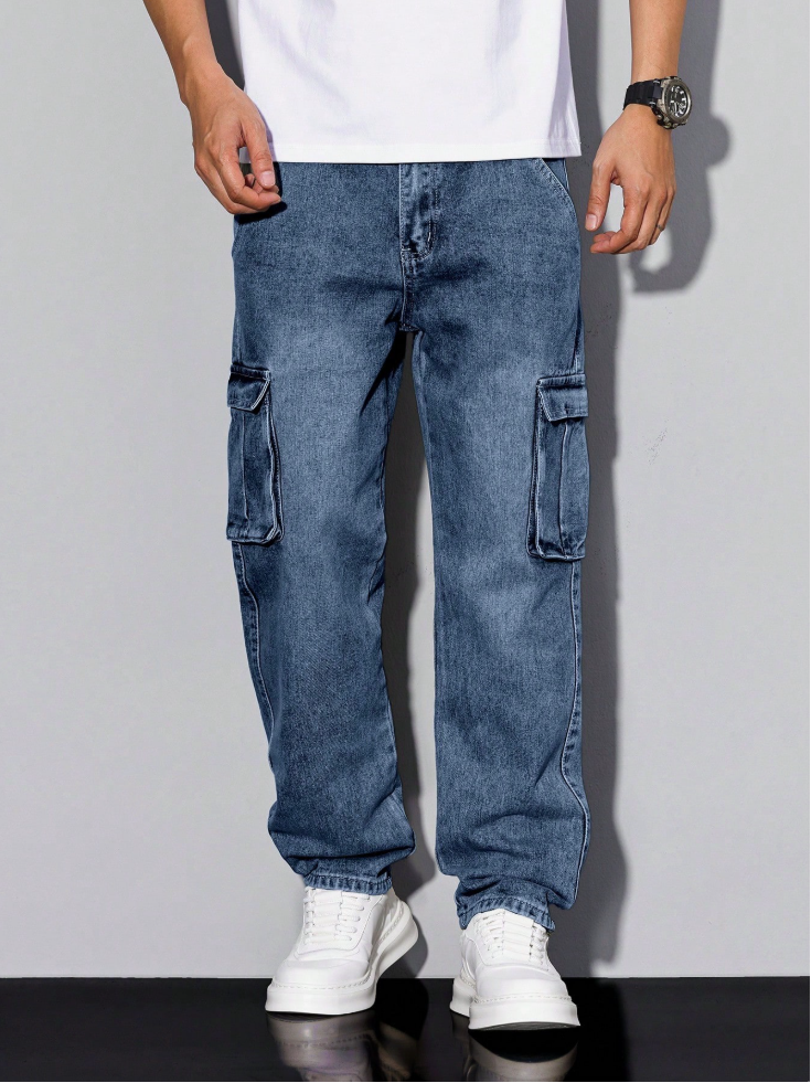 Men's Loose Fit Cargo Denim Jeans Multi Pocket Utility Pants US Ready Stock photo 1