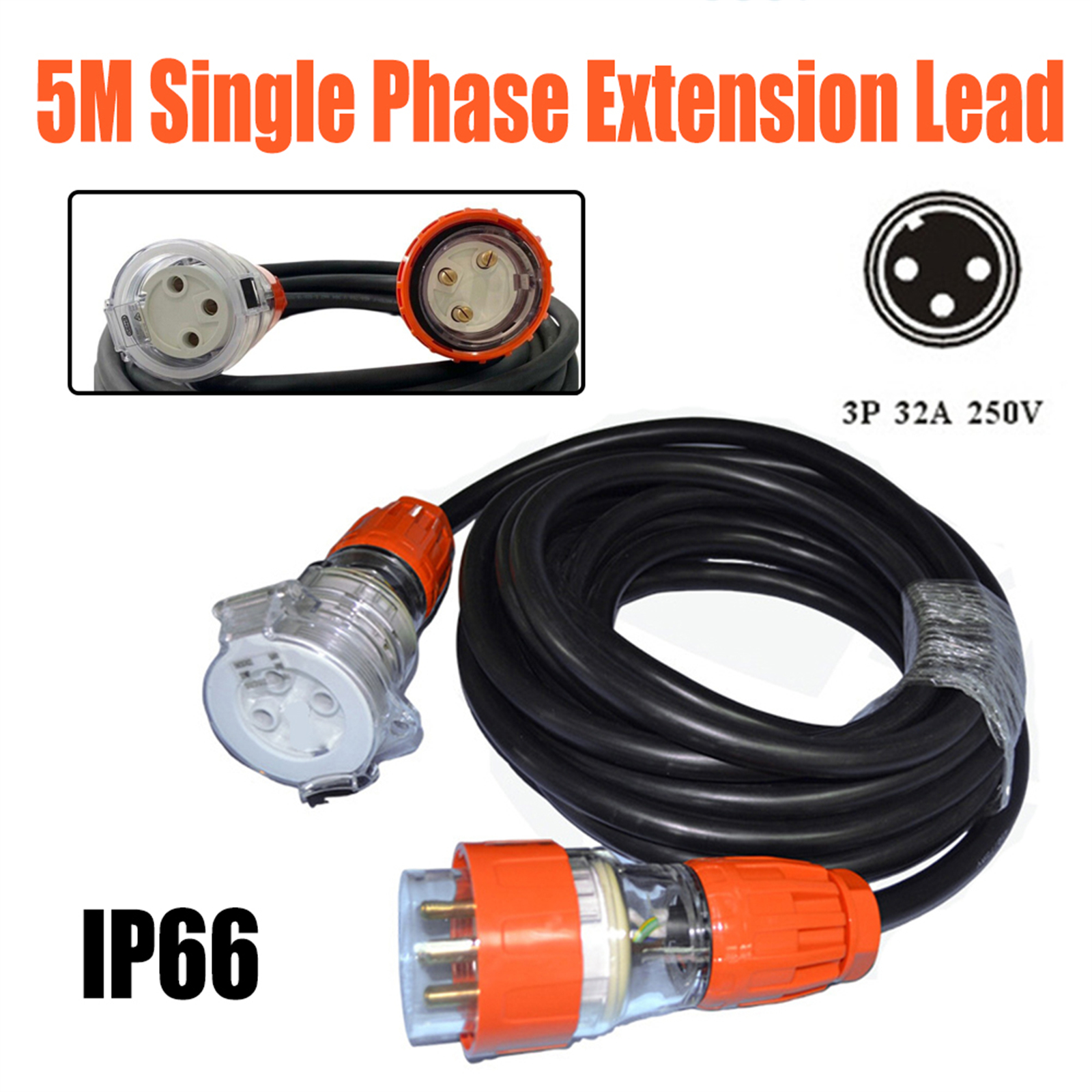 32 Amp 5m 3 Pin Extension Lead Single Phase 250V Rubber Heavy Duty Cable Male&Female Plug photo 1