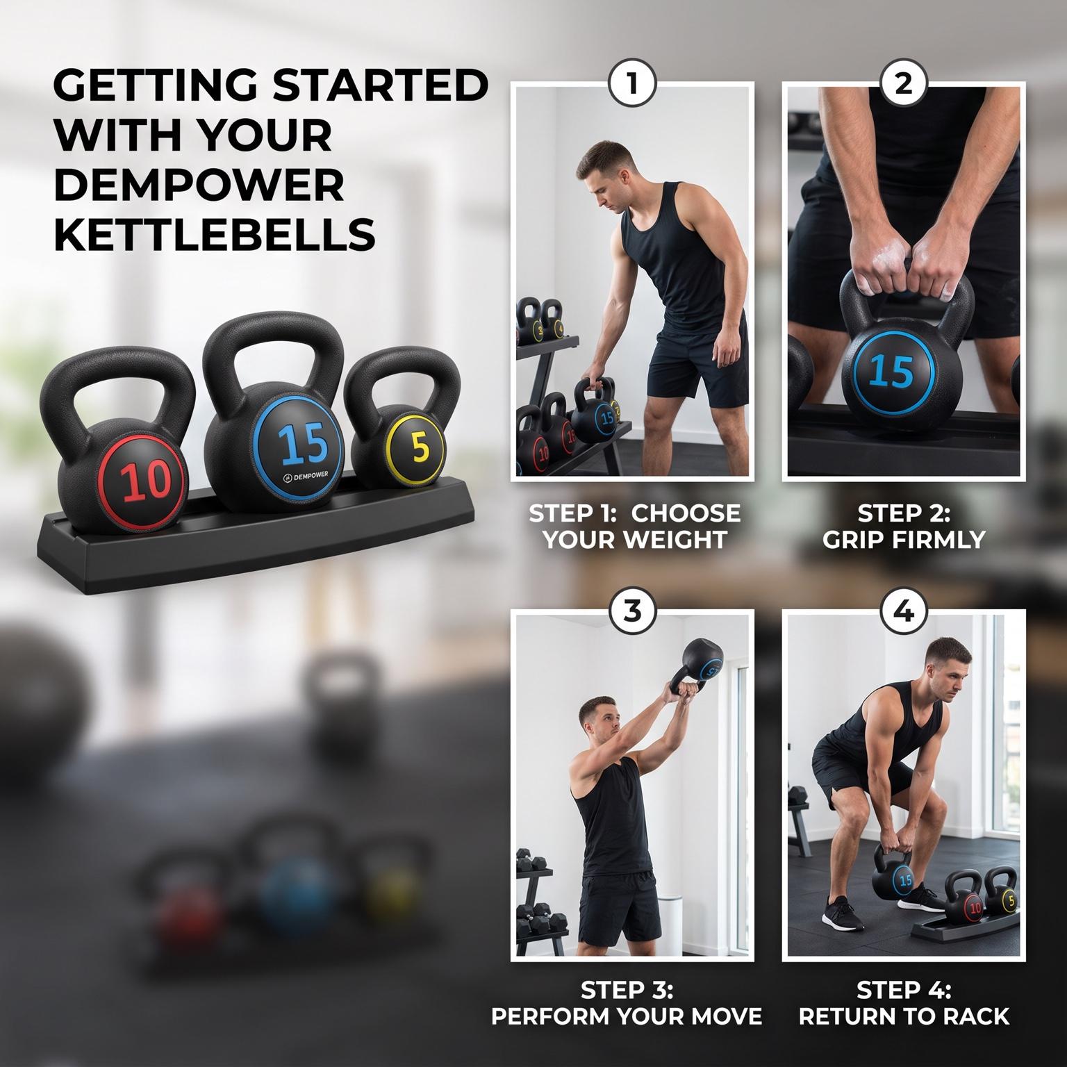 Kettlebell Set With Rack, 5lb -10lb -15lb 3-Piece Set, Ergonomic Grip, Home Workout Training Set photo 4