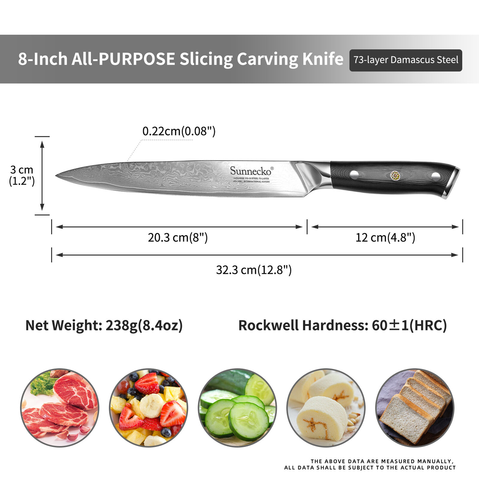 Sunnecko Carving Knife 8 Inch Sharp Meat Slicing Damascus Steel Kitchen Cleaver photo 3