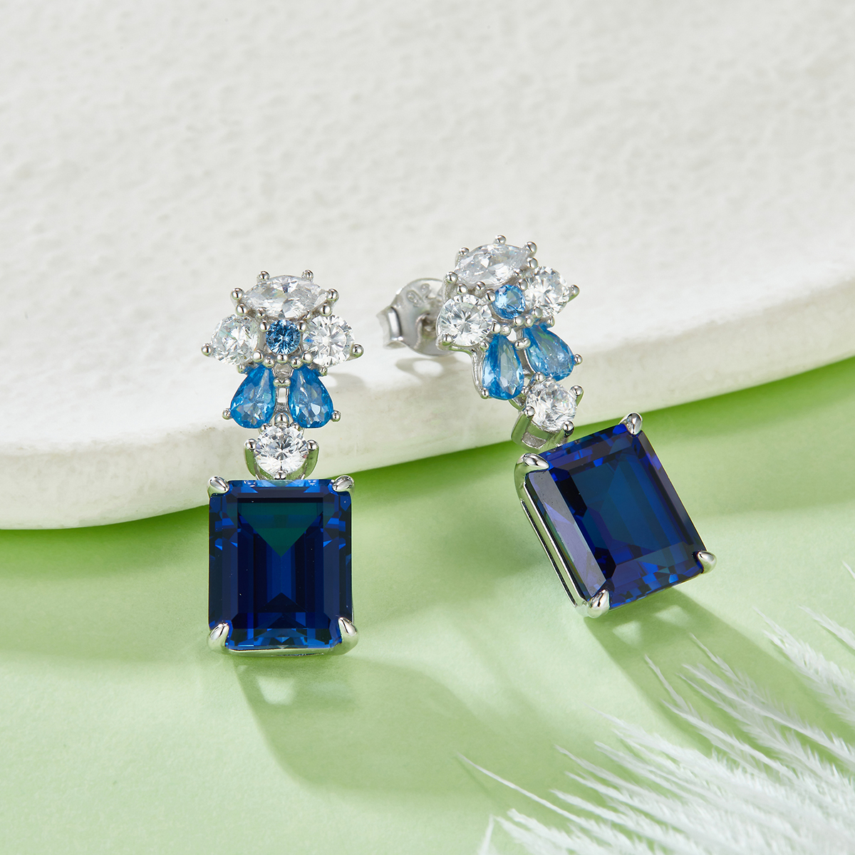 S925 Silver 6.5g 8ct Lab-Created Sapphire Drop Earrings, 10x8mm Emerald Cut, Pair photo 2