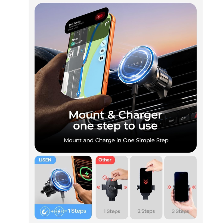 LISEN 15W MagSafe Car Mount Charger, Magnetic Phone Holders For Your Car photo 4