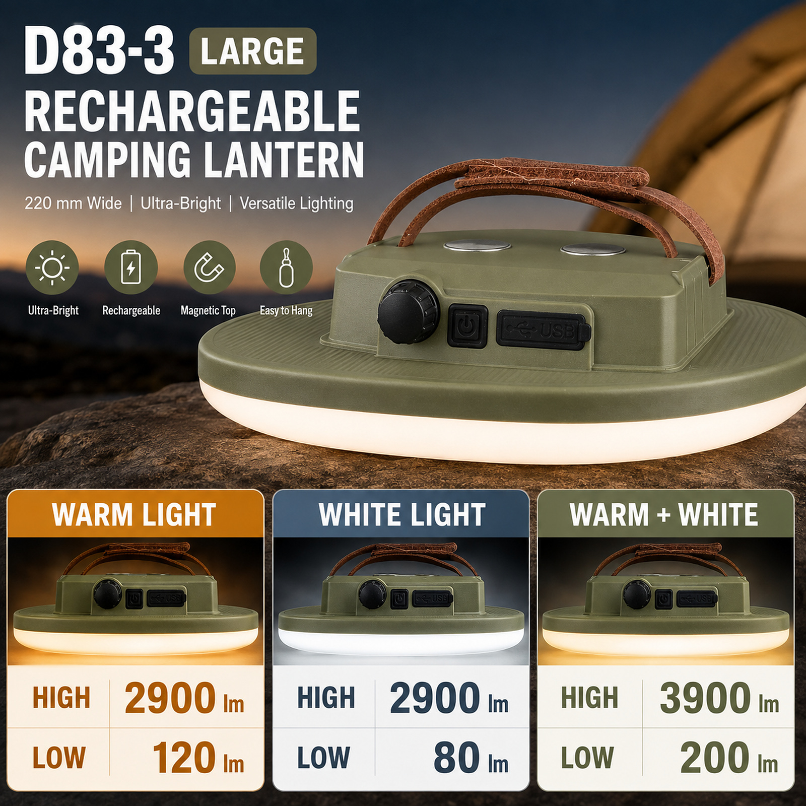 D83 3 Camping Lantern 6000mAh Magnetic Mount Hanging Hook Stepless Dimming Type C For Outdoor photo 5