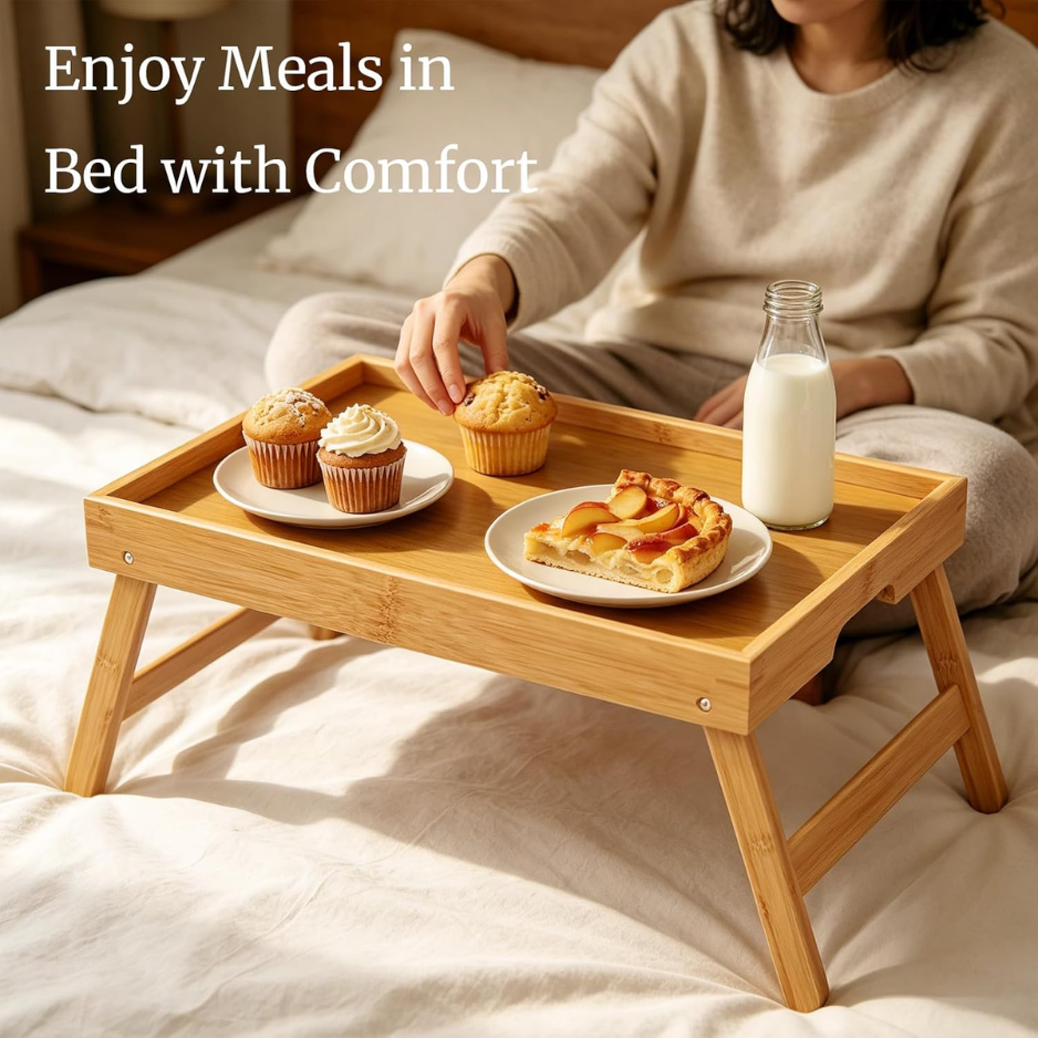 Fibogollo 2 Pack Bamboo Bed Tray Table With Folding Legs,Breakfast Trays,Serving Tray For Food And Snack,Laptop Trays For Working Natural photo 7