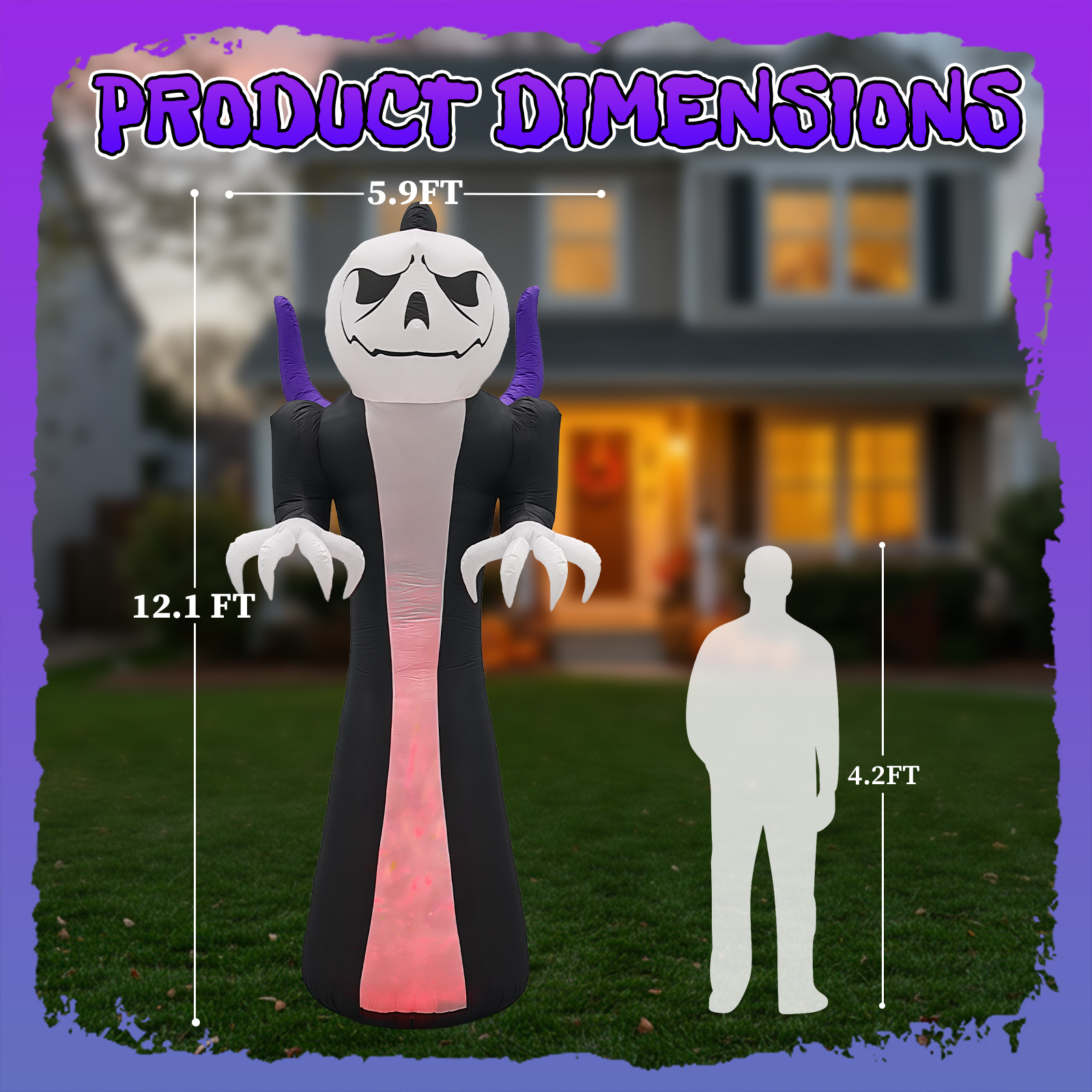 12ft Pumpkin Head Grim Reaper 1 Tri-Colored Flame Light Halloween Inflatable Decoration 12V photo 6