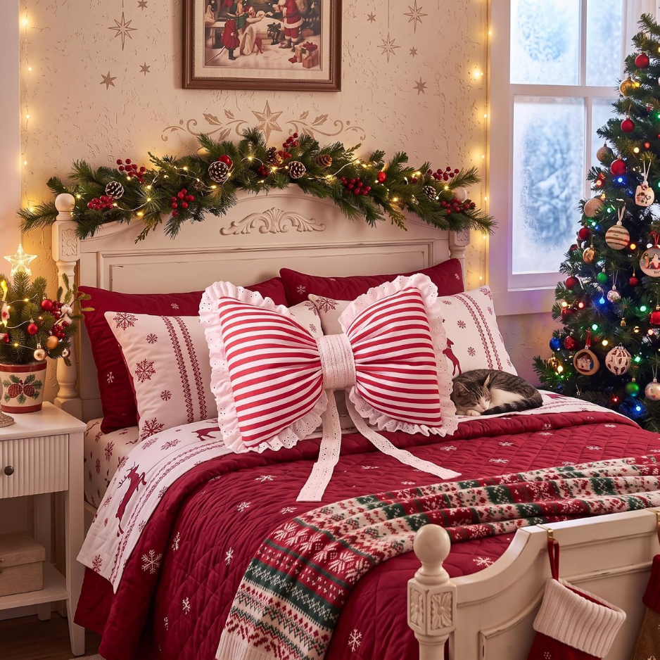 Christmas Bow Throw Pillow Cover, Red & White Striped Decorative Cushion With Lace Ruffle Trim, Festive Holiday Home Decor For Sofa & Bed photo 3