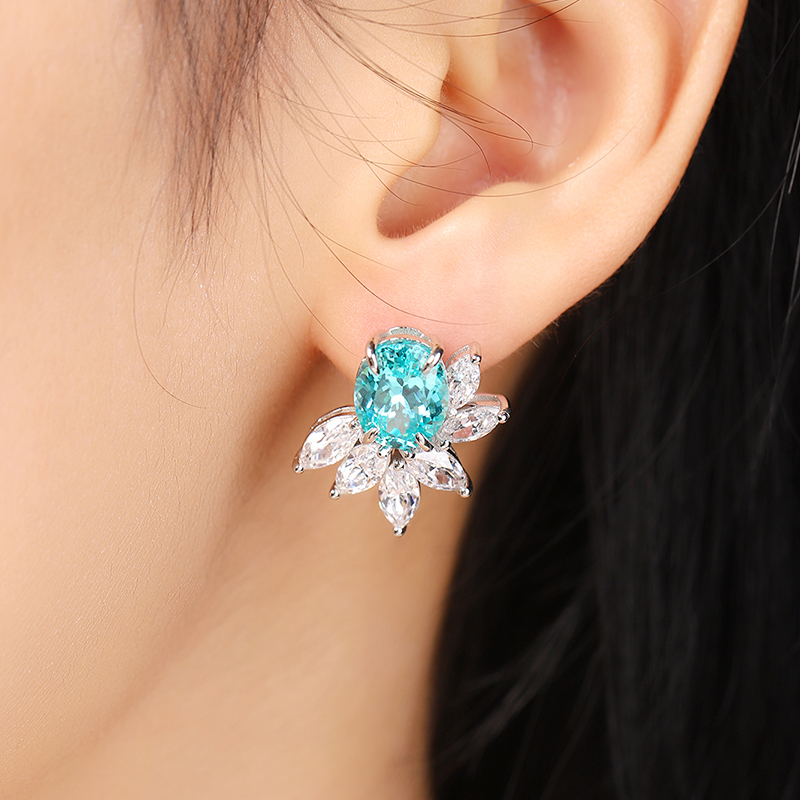 S925 Silver 7.3g Lab Created Gemstone Earrings, 10x8mm Multi-Color Flower Studs, Ruby Sapphire Emerald Paraiba photo 8