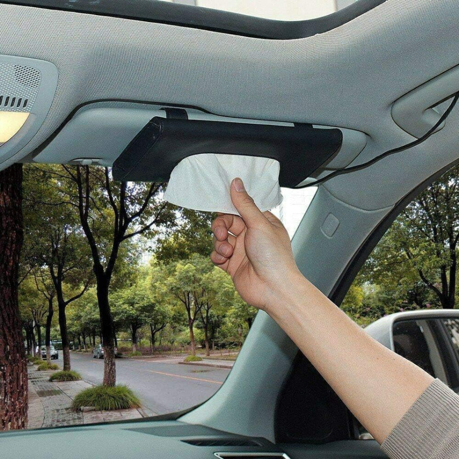 Black PU Leather Car Tissue Holder For Sun Visor, Hanging Napkin Case Box For Vehicle Interior photo 4