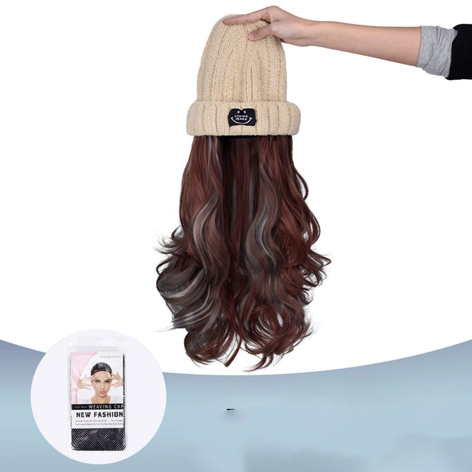 Autumn And Winter Fashion Beige Knit  Pick Dye Gradient Long Curly Hair Hundred Take Wig Hat photo 3