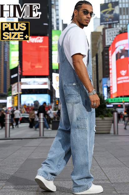 Distressed Denim Overalls Men Plus Size Big And Tall Light Wash Baggy Workwear Bib Overalls US Stock photo 7