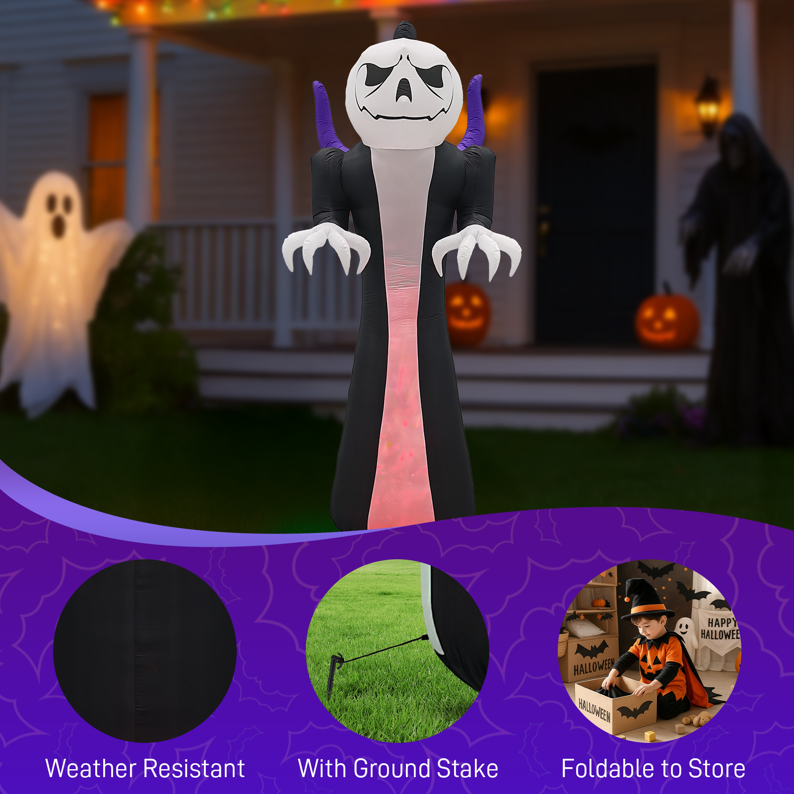 12ft Pumpkin Head Grim Reaper 1 Tri-Colored Flame Light Halloween Inflatable Decoration 12V photo 7
