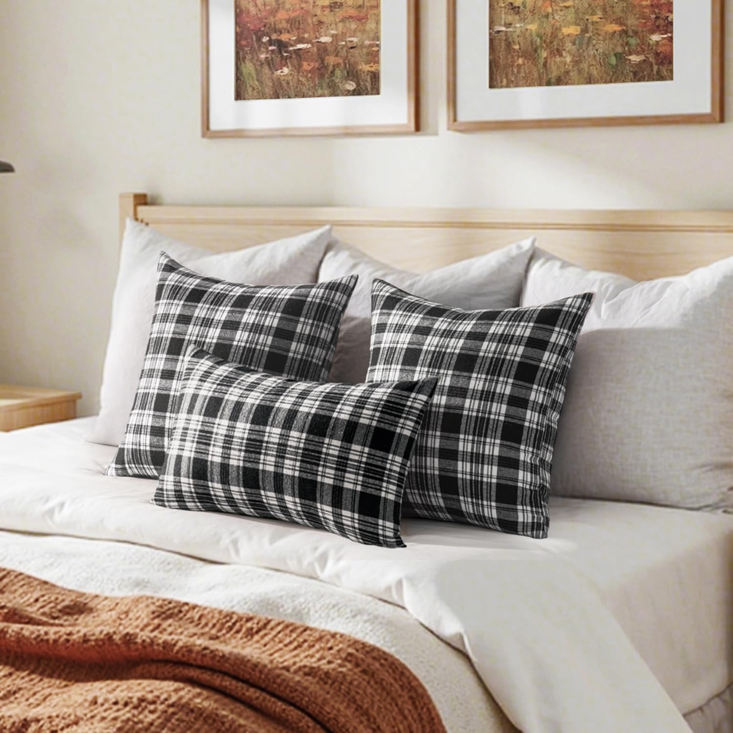 Fall Black White Scottish Plaid Pillow Covers 2 Units, 18x18 Inch Decorative Cushion Cases For Sofa, Couch, Bed And Home photo 3