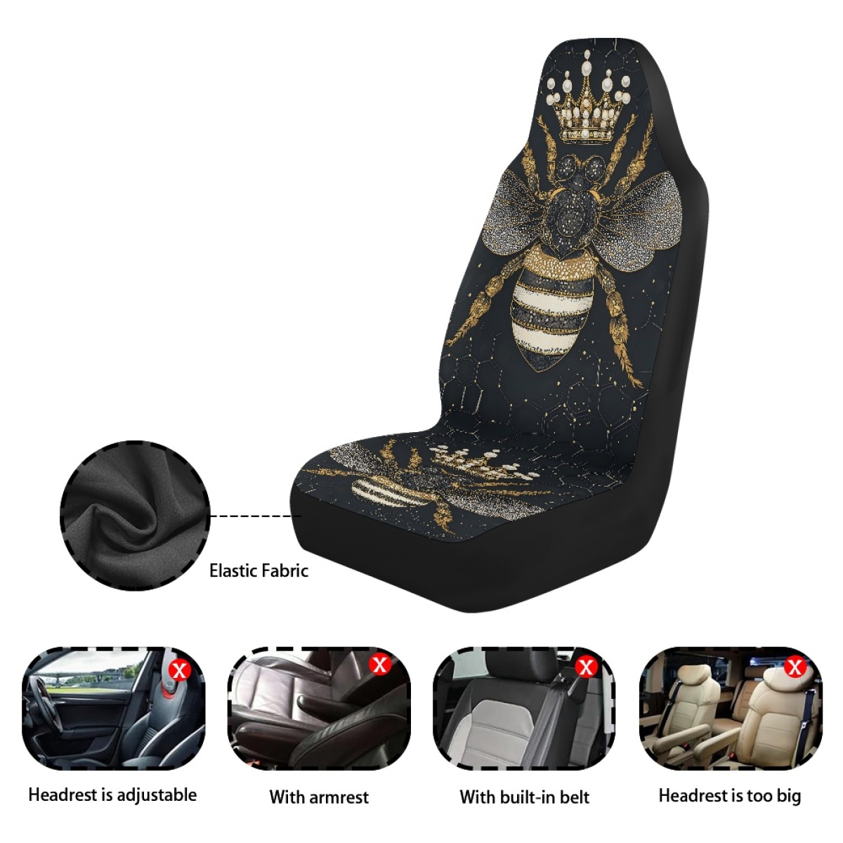 2 Front Car Seat Covers, Digitally Printed With A Honeybee Pattern, Thin, Suitable For All Seasons, Fashionable Car Seat Covers photo 6