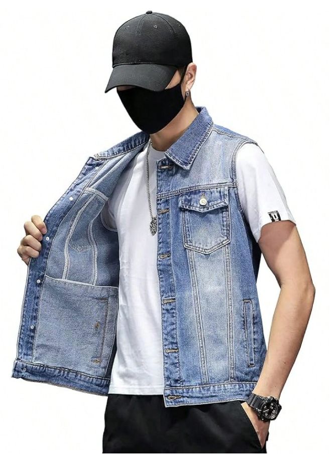 Classic Denim Vest Men Light Blue Washed Sleeveless Jean Jacket Casual USA Warehouse Stock photo 5