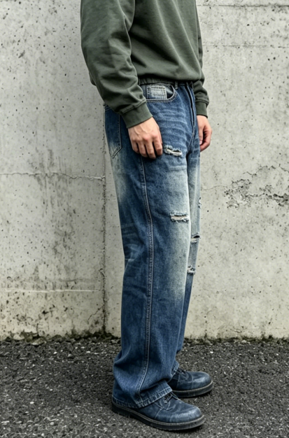 Vintage Washed Jeans Men Relaxed Fit Distressed Denim Pants Loose Streetwear Plus Size Big Tall Ready Stock photo 5