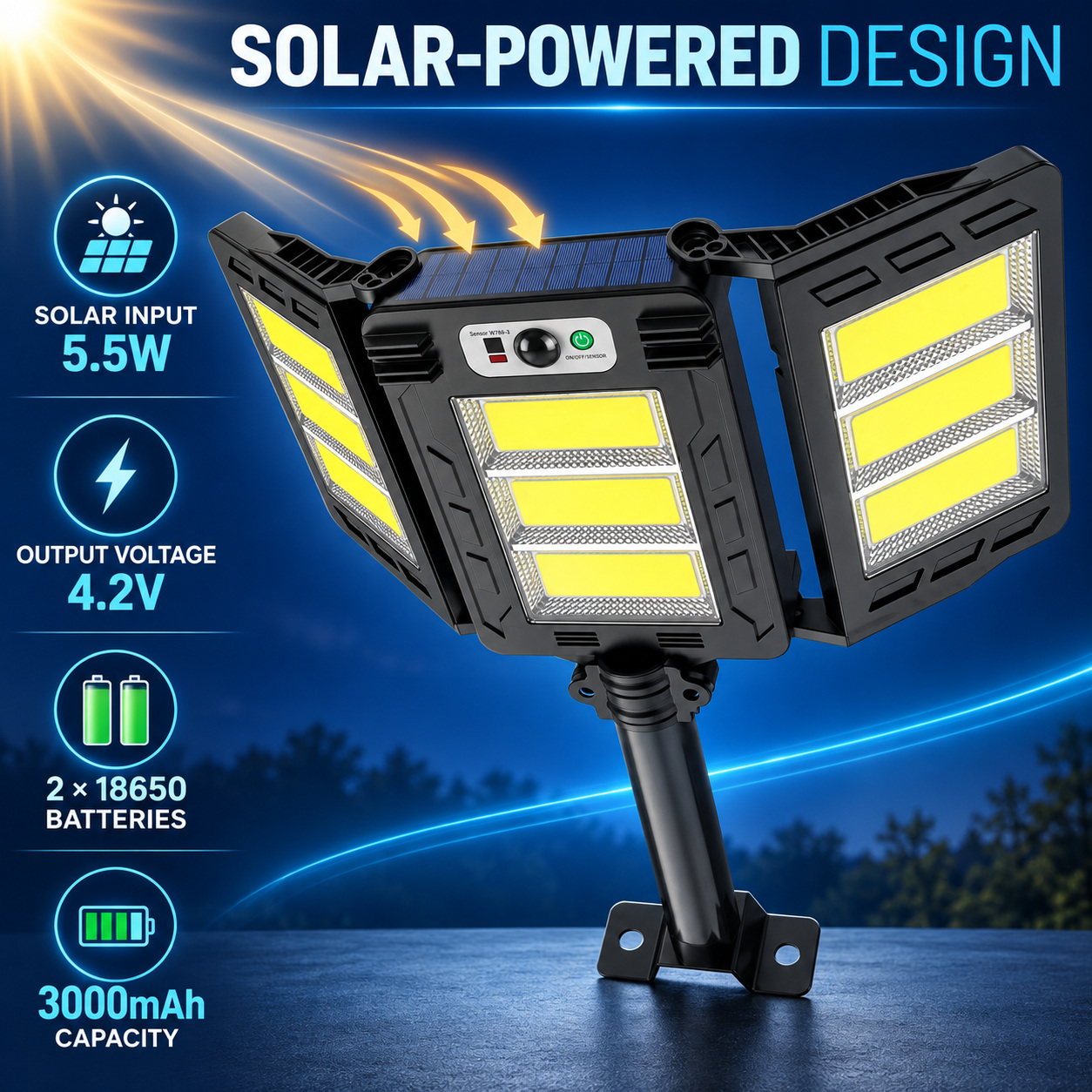 Solar Powered Rechargeable Motion Sensor COB LED Work Light 3000mAh For Auto W786 3 Street photo 4