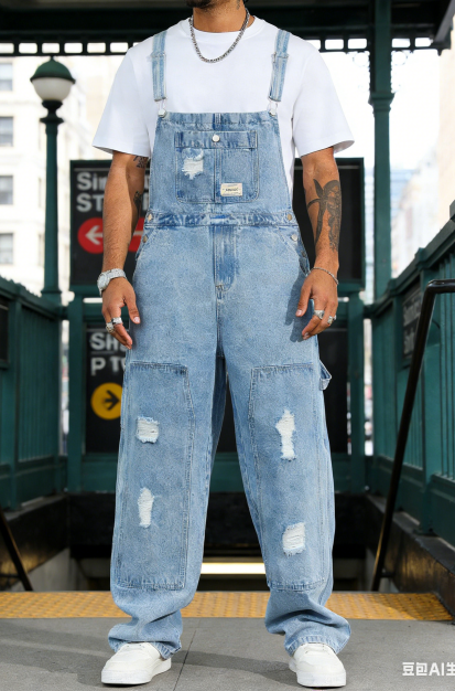 Distressed Denim Overalls Men Plus Size Big And Tall Light Wash Baggy Workwear Bib Overalls US Stock photo 8