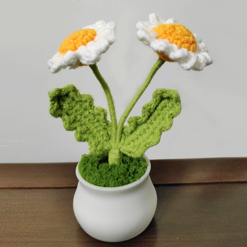 Finished Hand Knitted Sunflower Potted Plant Crochet Yarn Flower With Mini Pot Car Dashboard Decor Handmade Gift Ornament photo 1