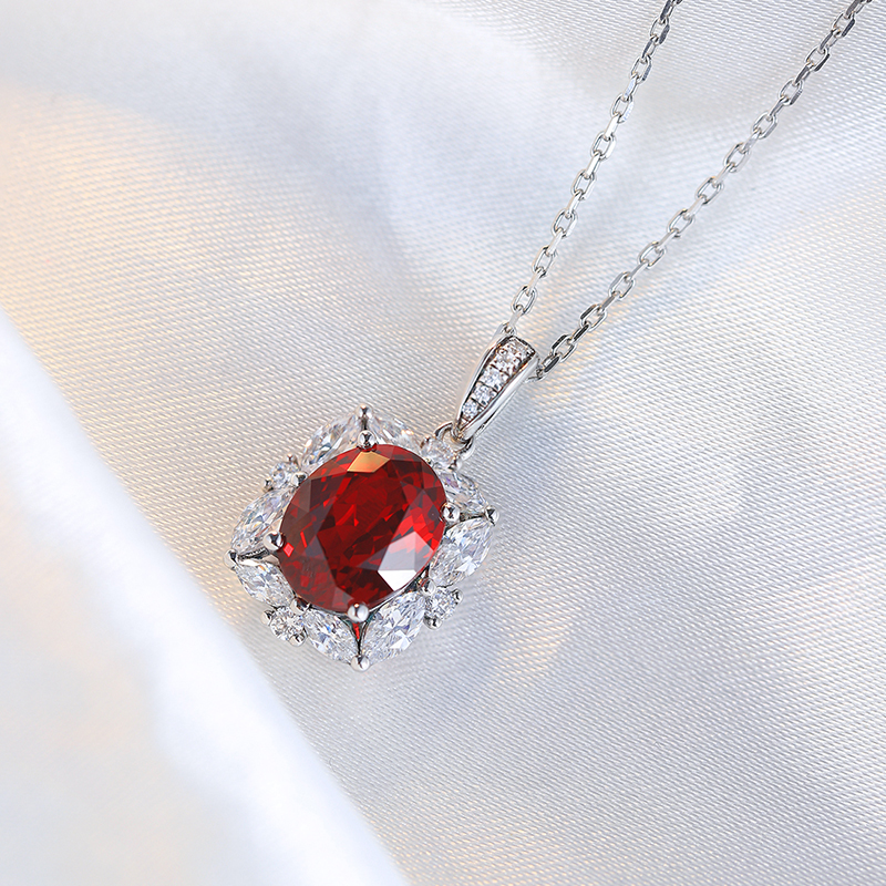 S925 Silver 3.9g Lab-Created Ruby Necklace, 10x8mm Oval Halo Pendant, 40&5cm, GRA Certified photo 3