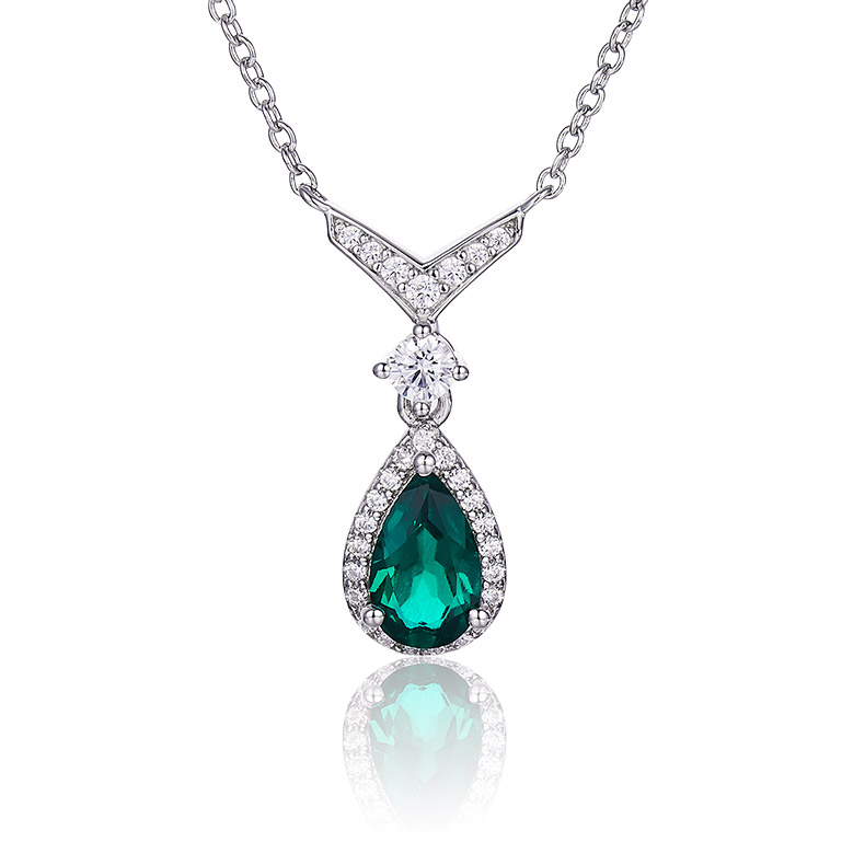 S925 Silver 2.5g 0.73ct Lab-Created Emerald Necklace, 5x5mm Teardrop Pendant, 40&5cm photo 1