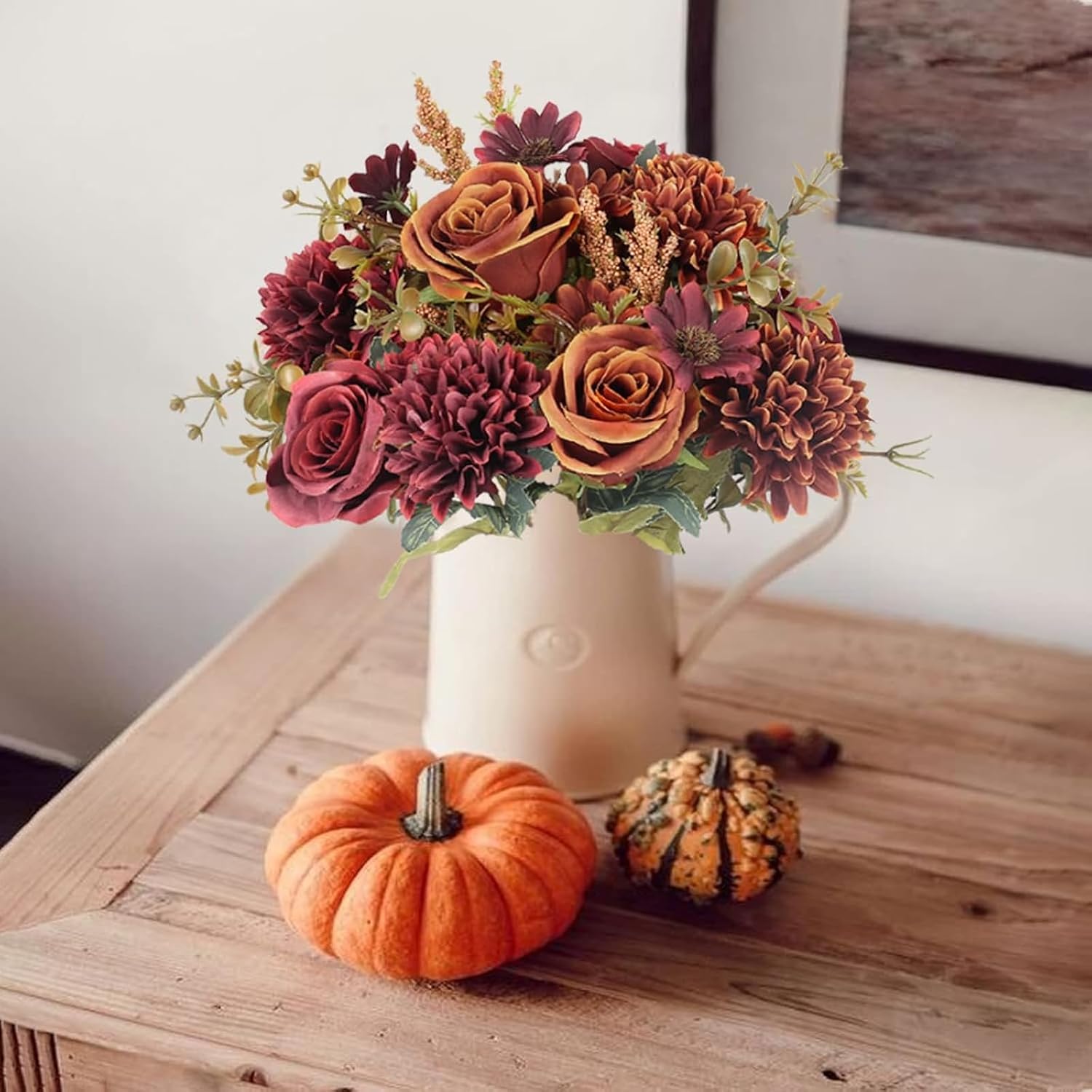 Artificial Fall Flowers 2 Units, Orange And Red Silk Faux Flowers For Autumn Home Decor, Vase Arrangements And Table Display photo 2