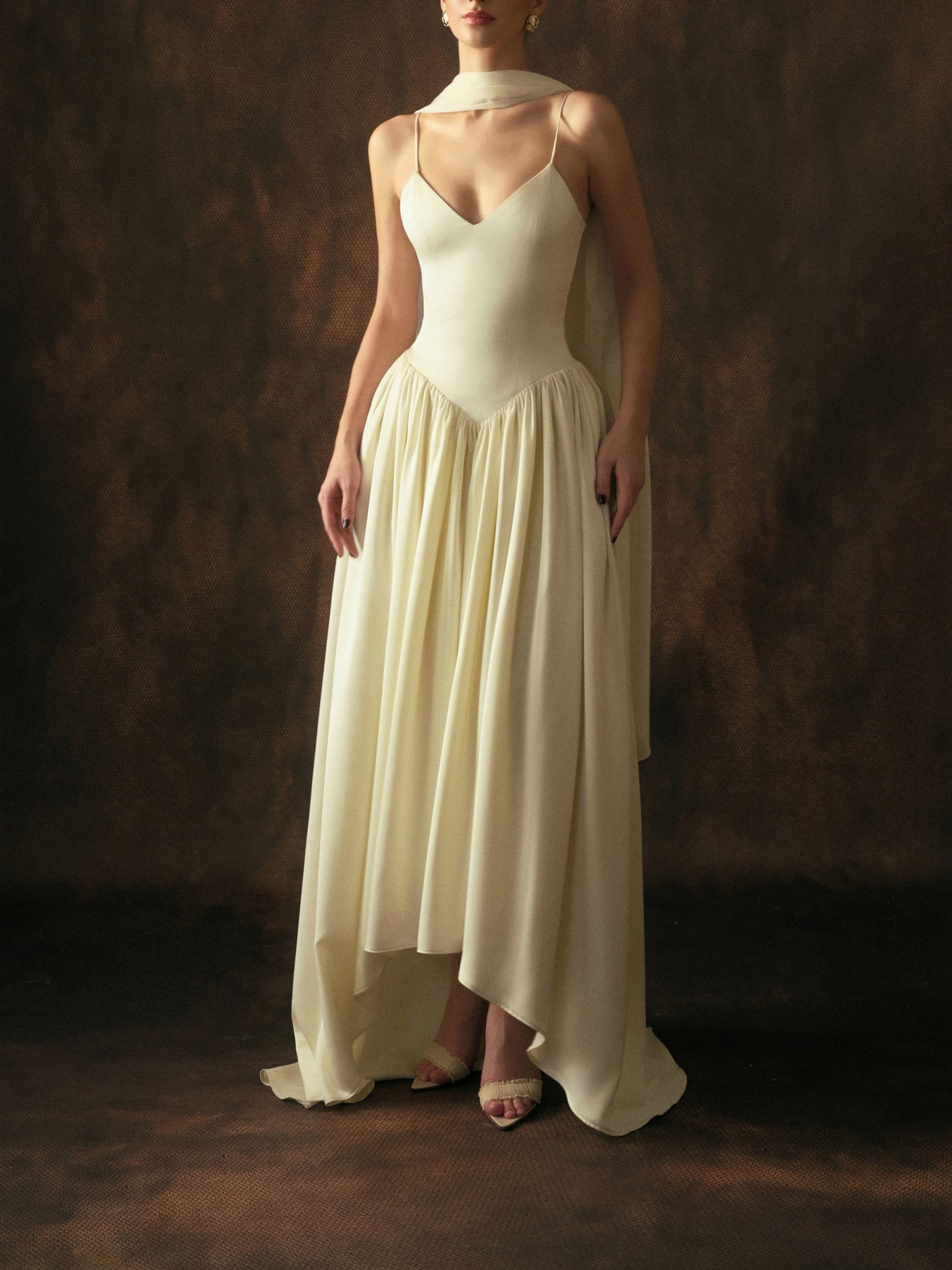 Satin Spaghetti Strap Wedding Evening Gown With Scarf photo 2