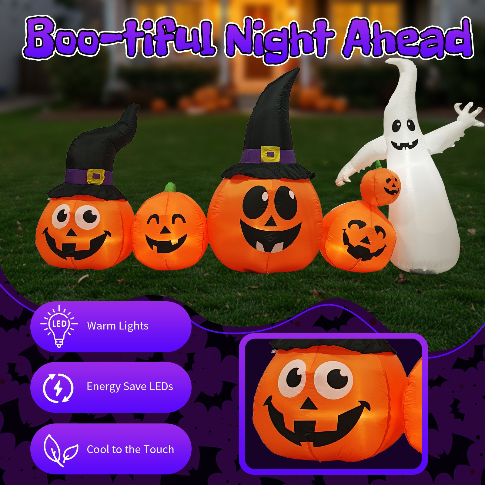 8FT Long Halloween Inflatables Pumpkins Ghost Outdoor Decorations,Blow Up Yard Decoration With Built-in LEDs Lighted For Lawn Garden Outside Indoor Decor photo 4