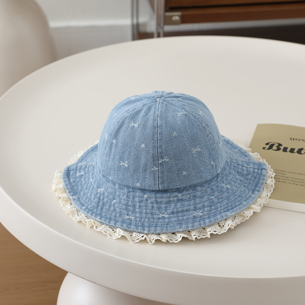 Children's Sweet And Cute Lace Edge Wide-brimmed Fisherman Hat With Washable Jacquard Butterfly Knot Heart Bucket Style Hat photo 5