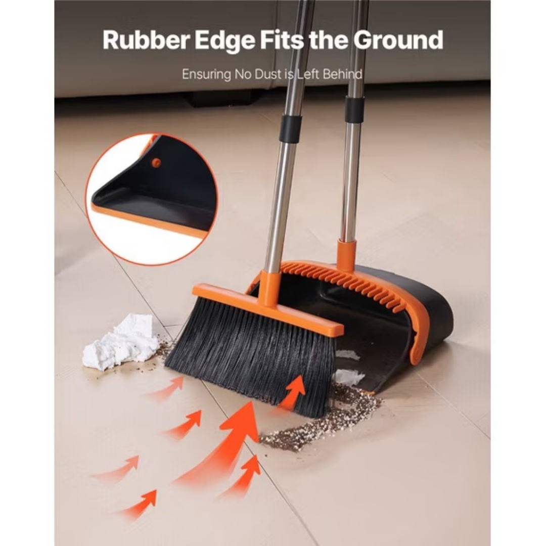 54.33-inch Long-handled, One-piece Design, Lightweight Stainless Steel Handle, Upright Dustpan With Broom Combination, Suitable For Household, Kitchen, Office And Pet Hair Cleaning Black And Orange. photo 6