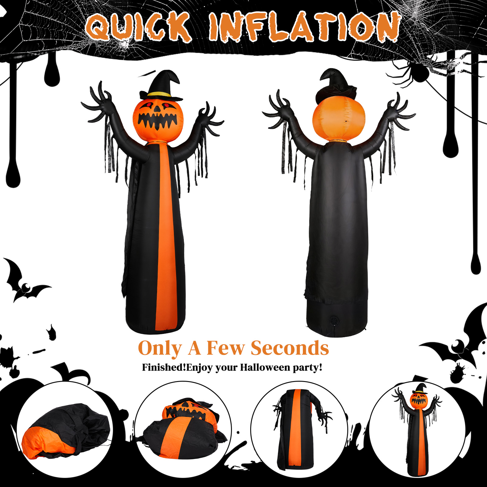 10ft Inflatable Halloween Decor With Rotatable Head Pumpkin Ghost In Cape,6 Built-in LED Lights,Black & Orange,12V 2000mA US Power Adapter photo 5