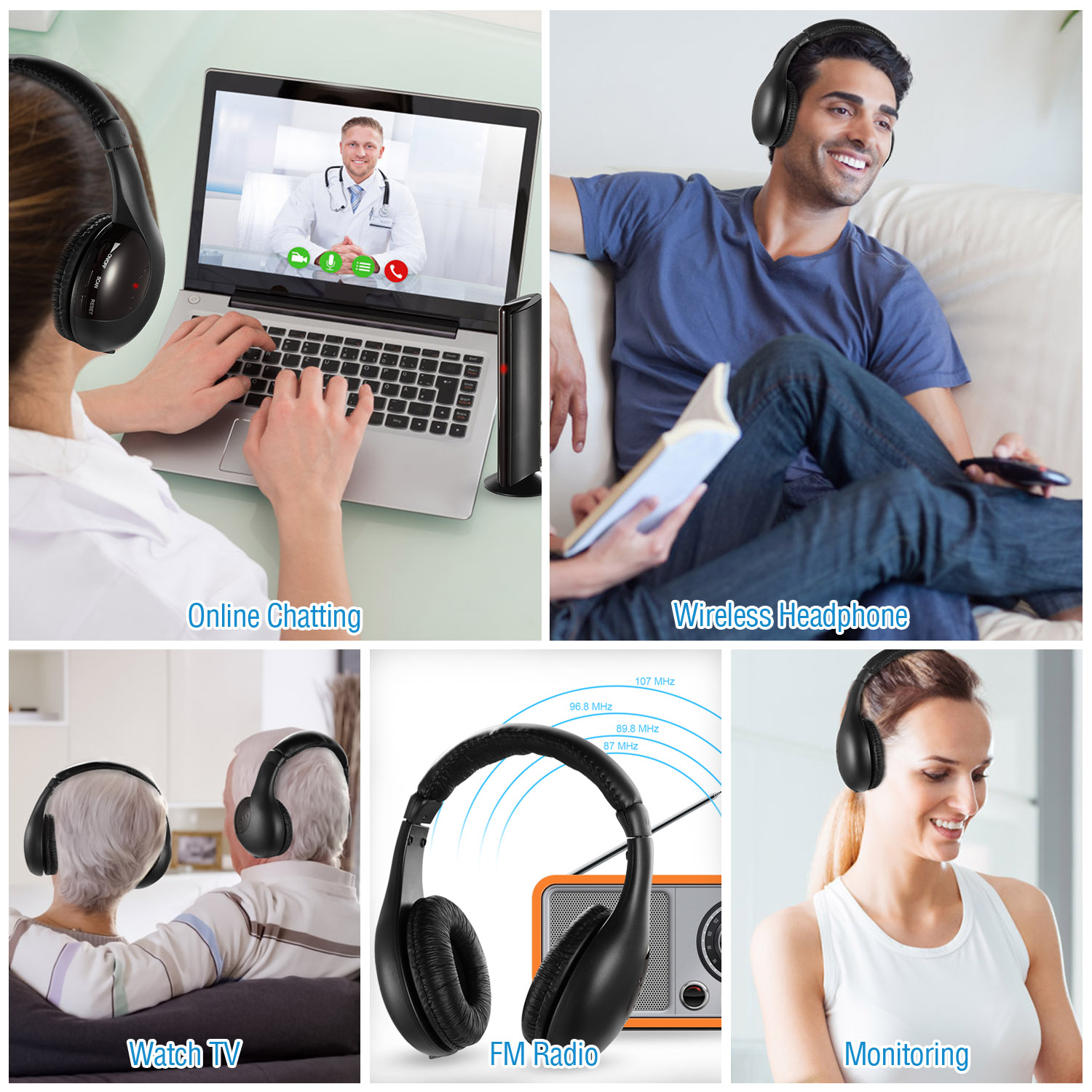 Wireless RF Headphones HiFi Over Ear Headsets RF Transmitter Receiver With MicY-shaped Cable Monitoring Earphone 98.4ft Range For TV Radio CD photo 3