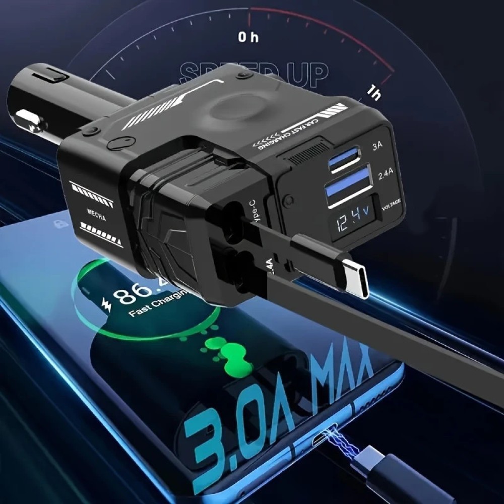 120W 4 IN 1 Retractable Car Fast Charger 2 Cable With USB Type C Port Adapter photo 4