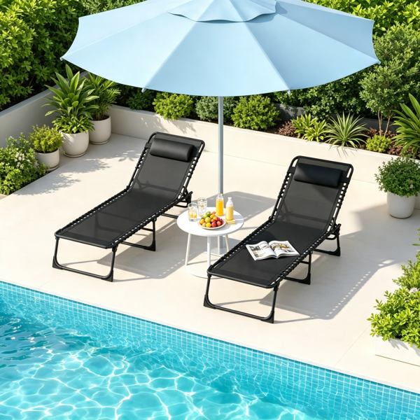 Black 2 Folding Chaise Lounge Pool Chairs For Poolside Tanning, Pillow, Breathable Mesh photo 6