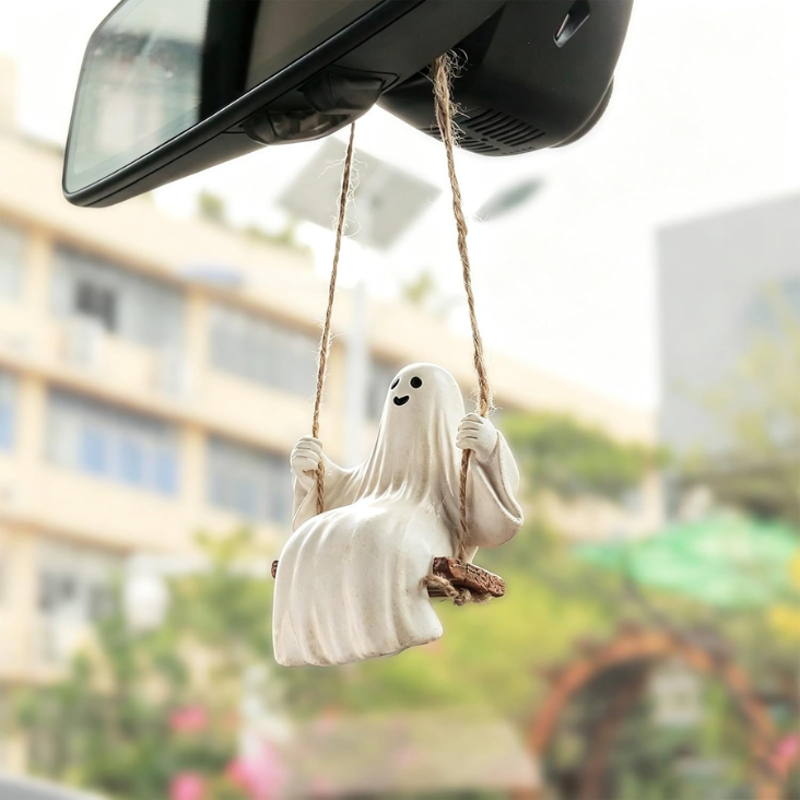Cute Swinging Ghost Car Mirror Hanging Ornament Halloween Car Interior Accessories Distressed Vintage Ghost photo 2