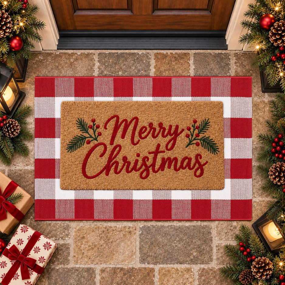 Christmas Red And White Plaid Door Mat, 28 X 43 Inches Cotton Hand-Woven Layered Entry Mat For Front Porch, Entryway, Outdoor Holiday Decor, Washable photo 2