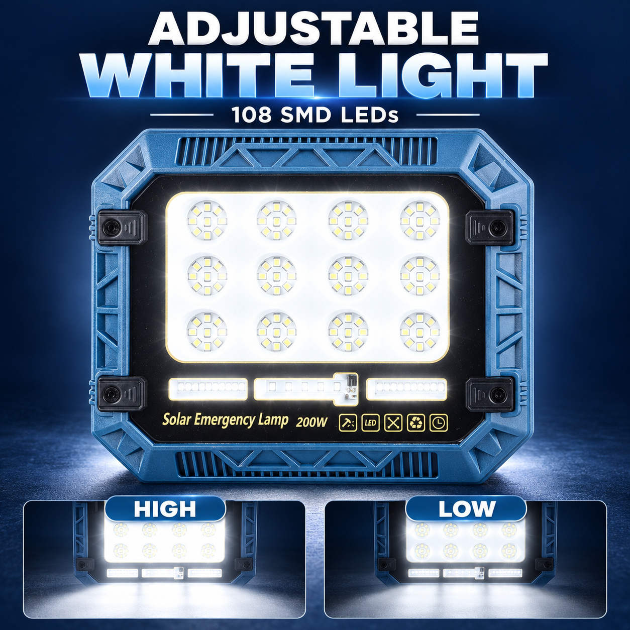 Solar Powered Rechargeable Battery Display 18650 W8112 2 Red Blue Warning LED Flood Light SMD photo 3
