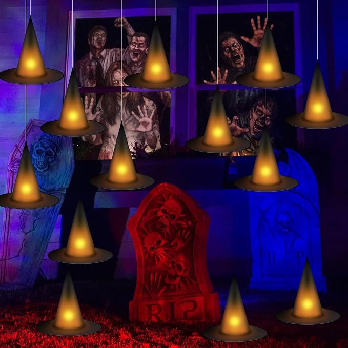 12-Piece Light-Up Halloween Witch Hats With Tea Lights, 3D Bats And Hanging Rope For Indoor Outdoor Decor photo 5