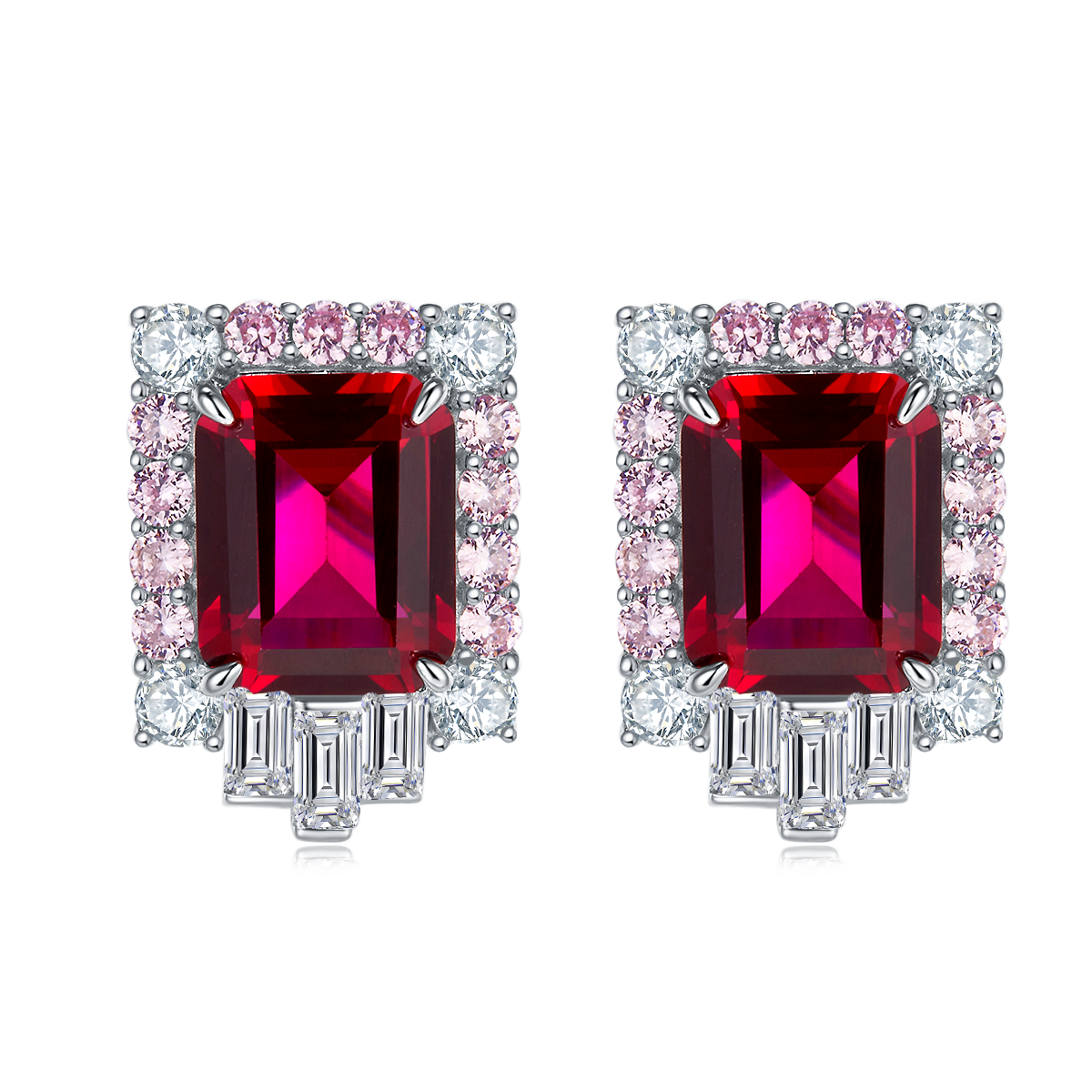 S925 Silver 6.5g 8ct Lab-Created Ruby Earrings, 10x8mm Emerald Cut, Pair photo 1