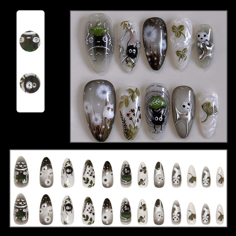 24Pcs Forest Style 3D Embossed Cat Eye Press On Nails, European INS Trendy Reusable Handmade False Nails Removable Wearable Nail Tips photo 6