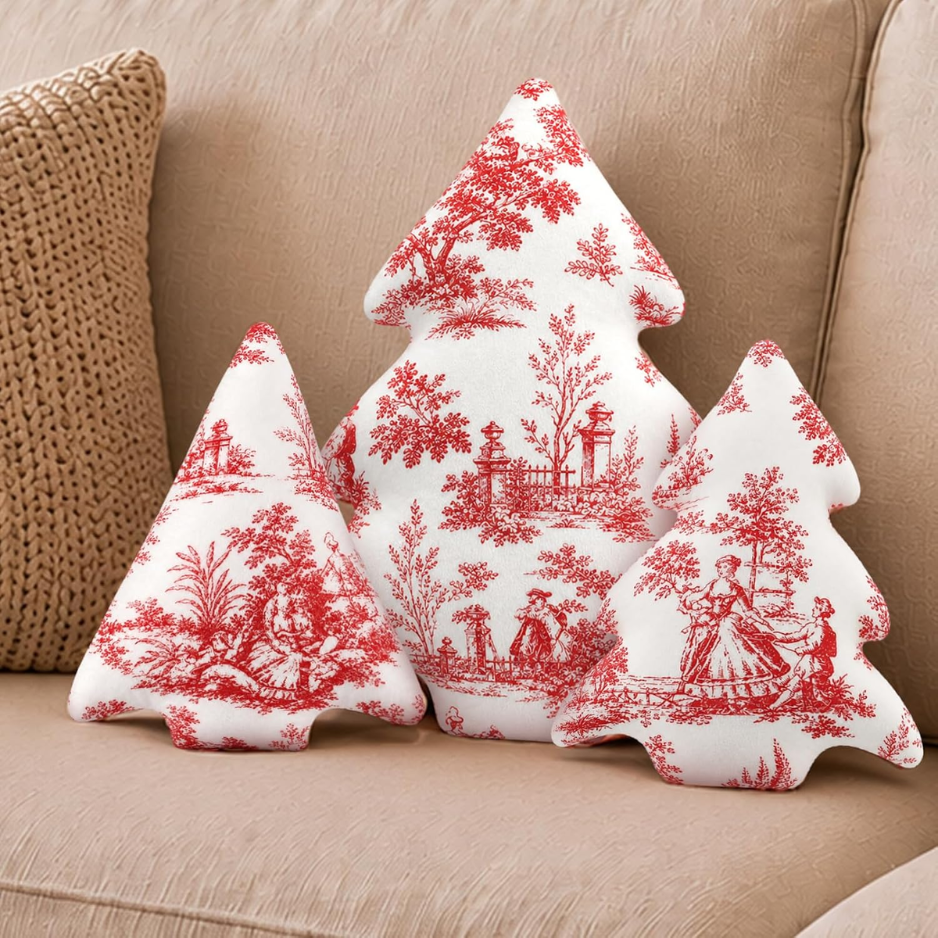 3 Pcs Red Toile Christmas Tree Pillows Vintage Cushion Decor photo 1