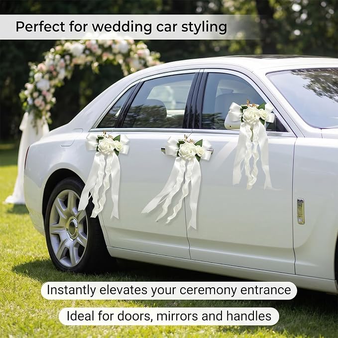 4-Piece White Artificial Flower Bouquets For Wedding Car Door Handle And Celebration Decorations photo 6