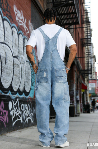 Distressed Denim Overalls Men Plus Size Big And Tall Light Wash Baggy Workwear Bib Overalls US Stock photo 6