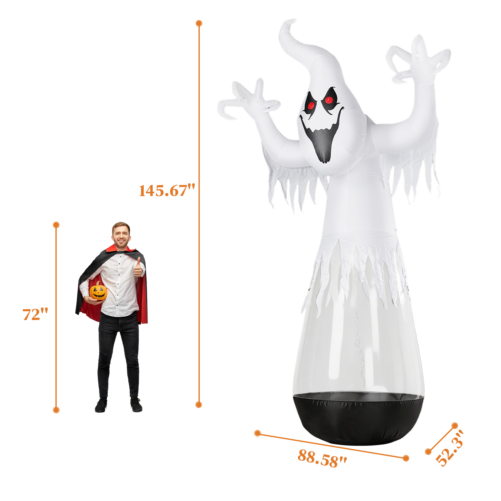 12ft Inflatable Halloween Decor Half-Body Clear PVC White Ghost With 2 LED Lights & 1 Stage Light,Black & White,12V 2000mA US Power Adapter photo 8