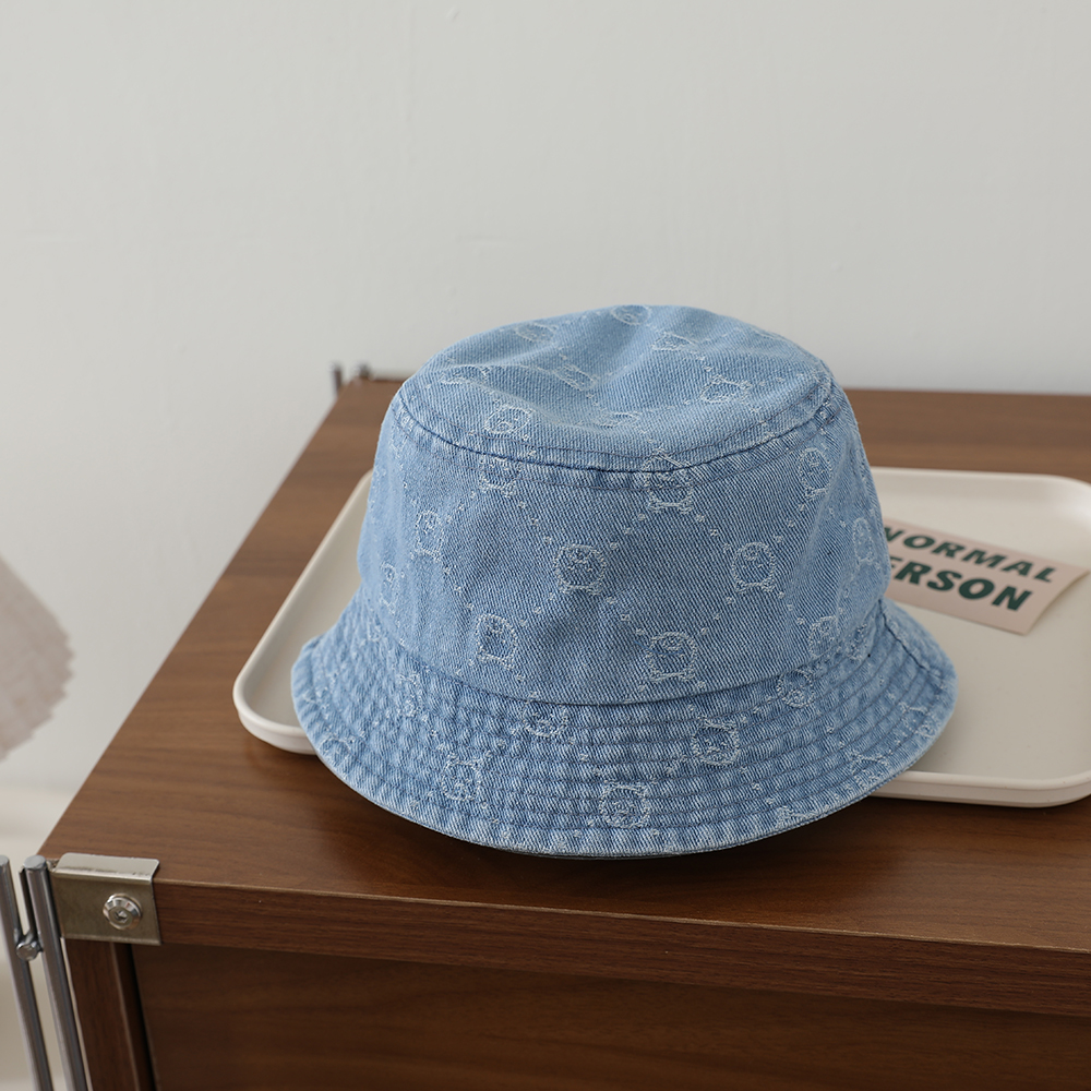 Retro Washed Baby Denim Fisherman Hat With Full Pattern Of Diamond-shaped Jacquard And A Small Bear On The Brim photo 8