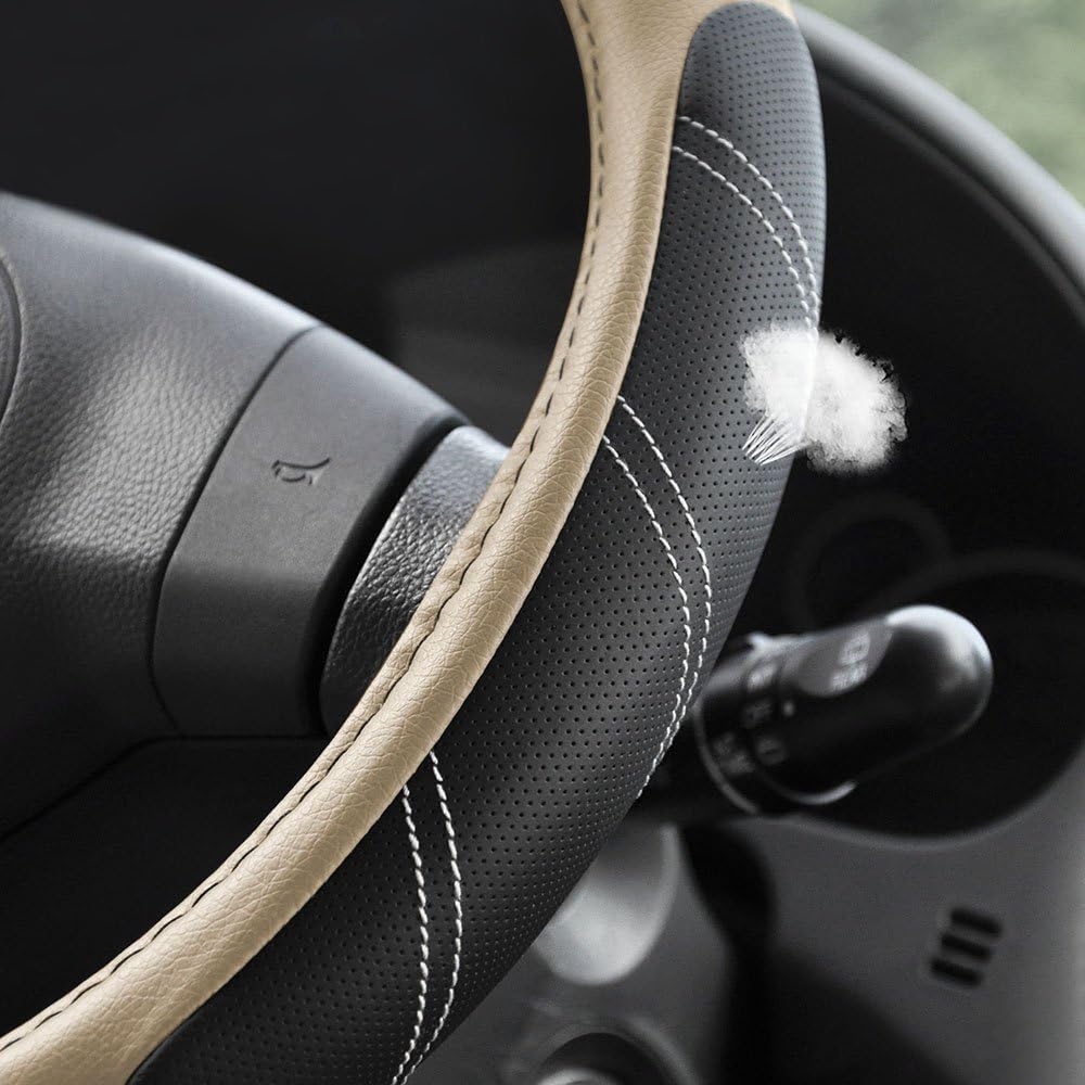 Sport Leather Steering Wheel Cover 14.5-15 Inch, Soft Padded Anti Slip Grip For Cars, Trucks, SUVs And Jeeps, Black Beige photo 4