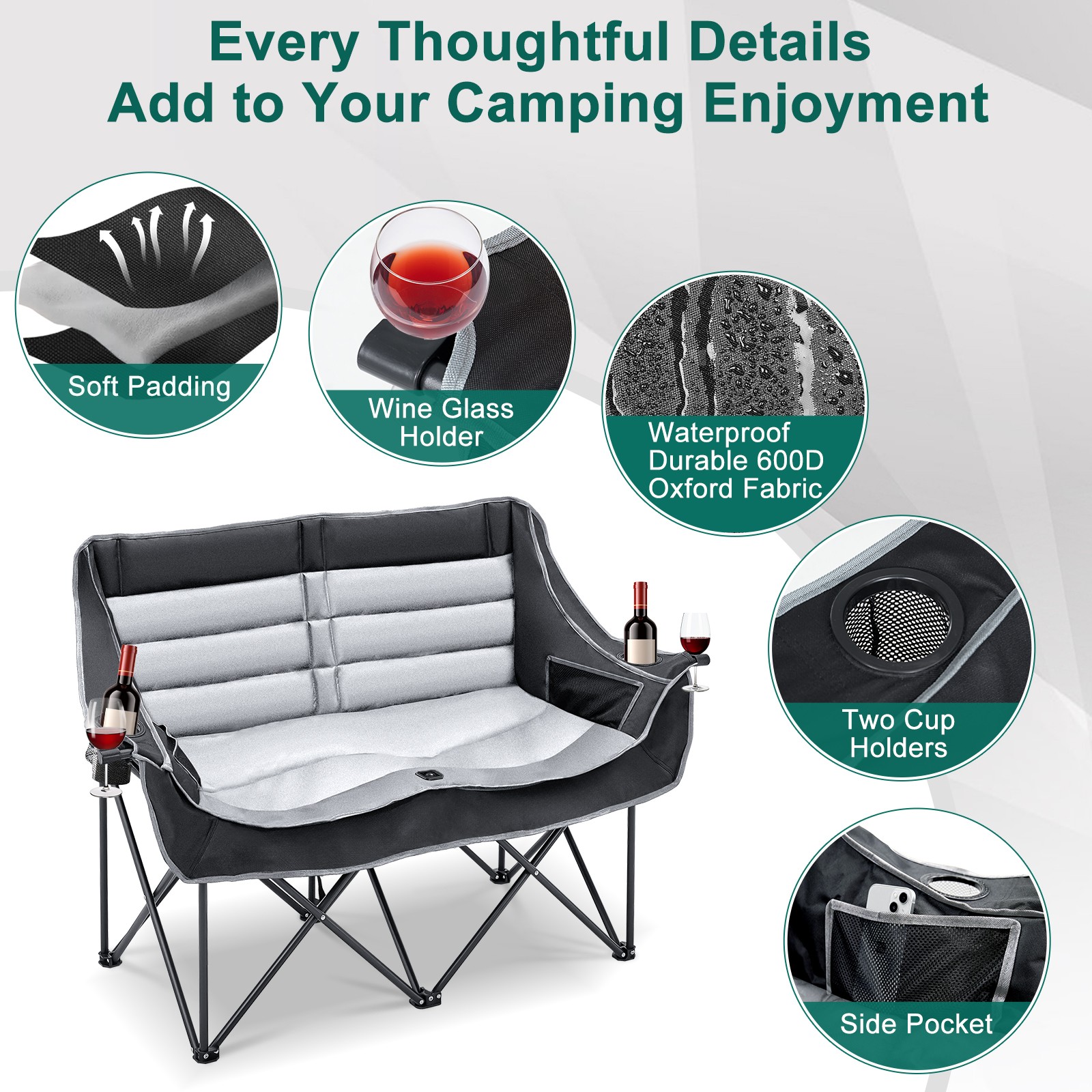 Double Camping Chair, Folding 2 Person Camping Chair Loveseat With Cup Holder photo 7