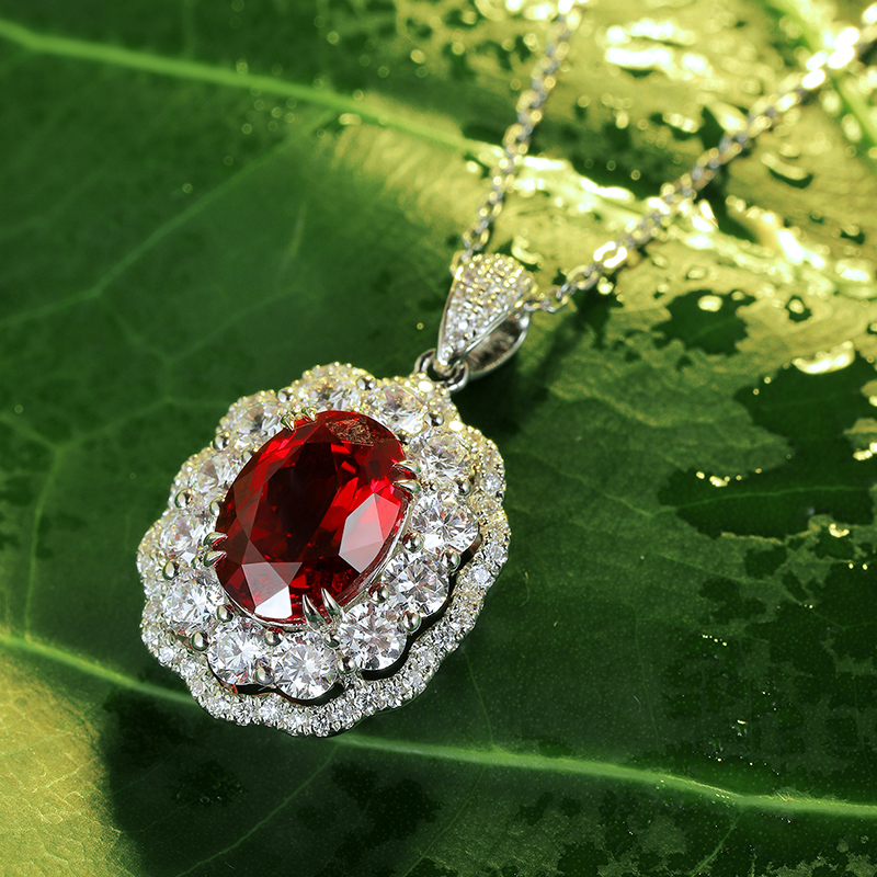 S925 Silver 5.2g Lab-Created Ruby Necklace, 10x7mm Halo Pendant, 40&5cm, GRA Certified photo 6